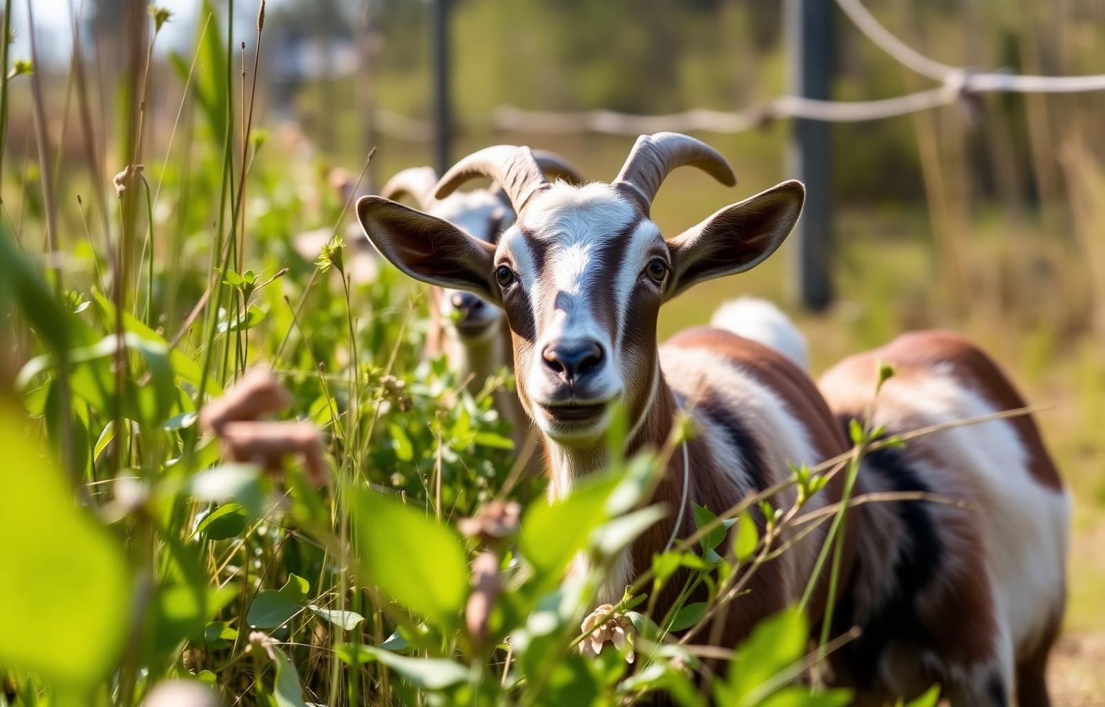 Goats clearing invasive vegetation in a utility corridor